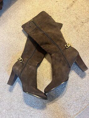 Tahari Brown Suede Knee High Boots with Gold Chain Heel Detail, Size 8M